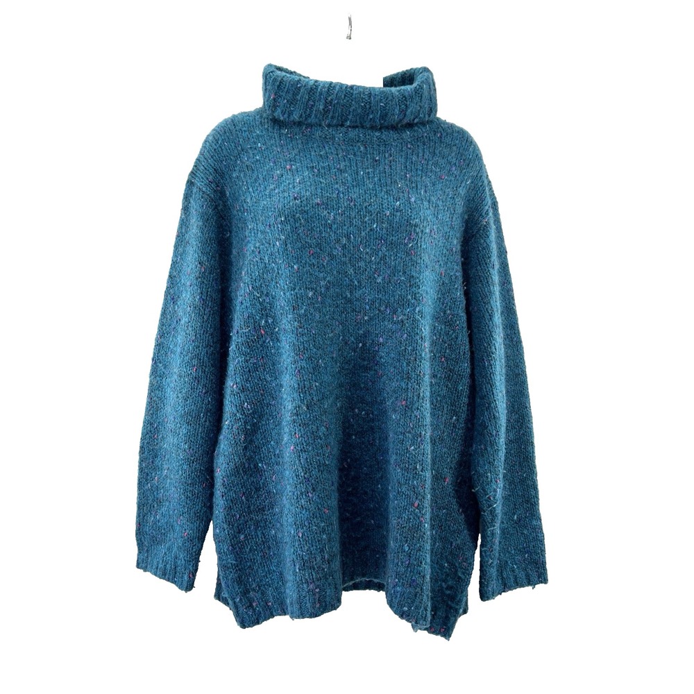 Vintage 90s Turtle Neck Sweater Plus Size 18/20W Teal Donegal Fleck Thick Cozy